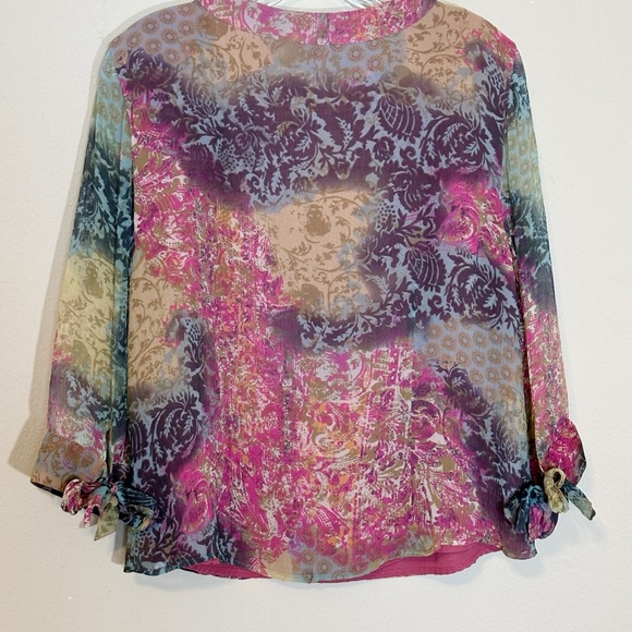 Coldwater Creek (size PL)Silk Pink/Green/Blue V-neck Blouse with 3/4  Sleeves - Picture 2 of 12